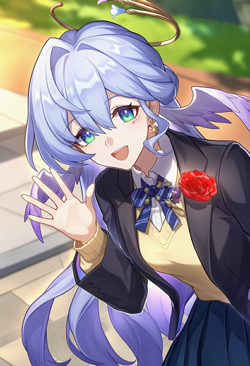 蓝发校服美少女的元气挥手瞬间