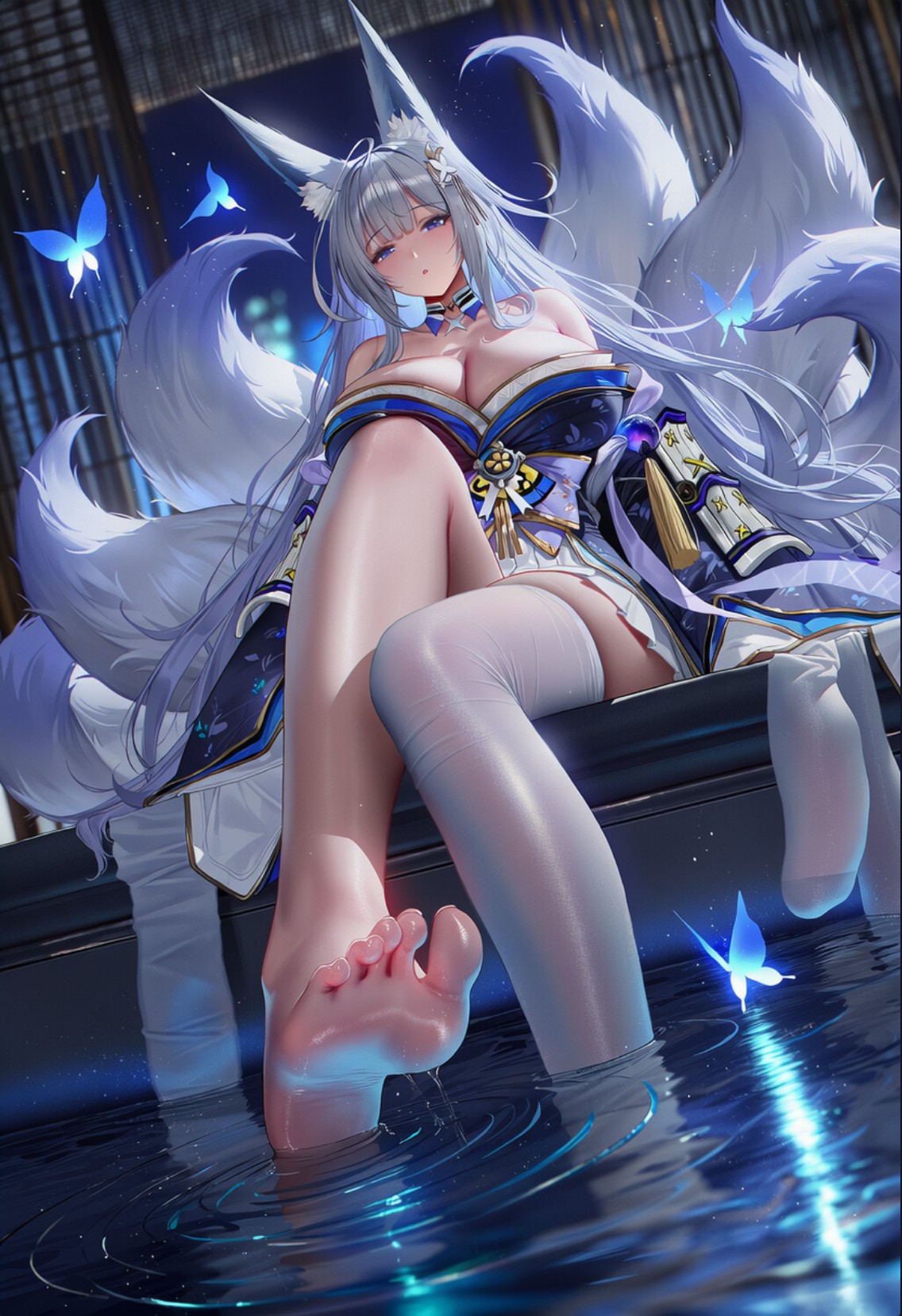 狐耳少女水中休憩 蓝蝶环绕氛围感拉满