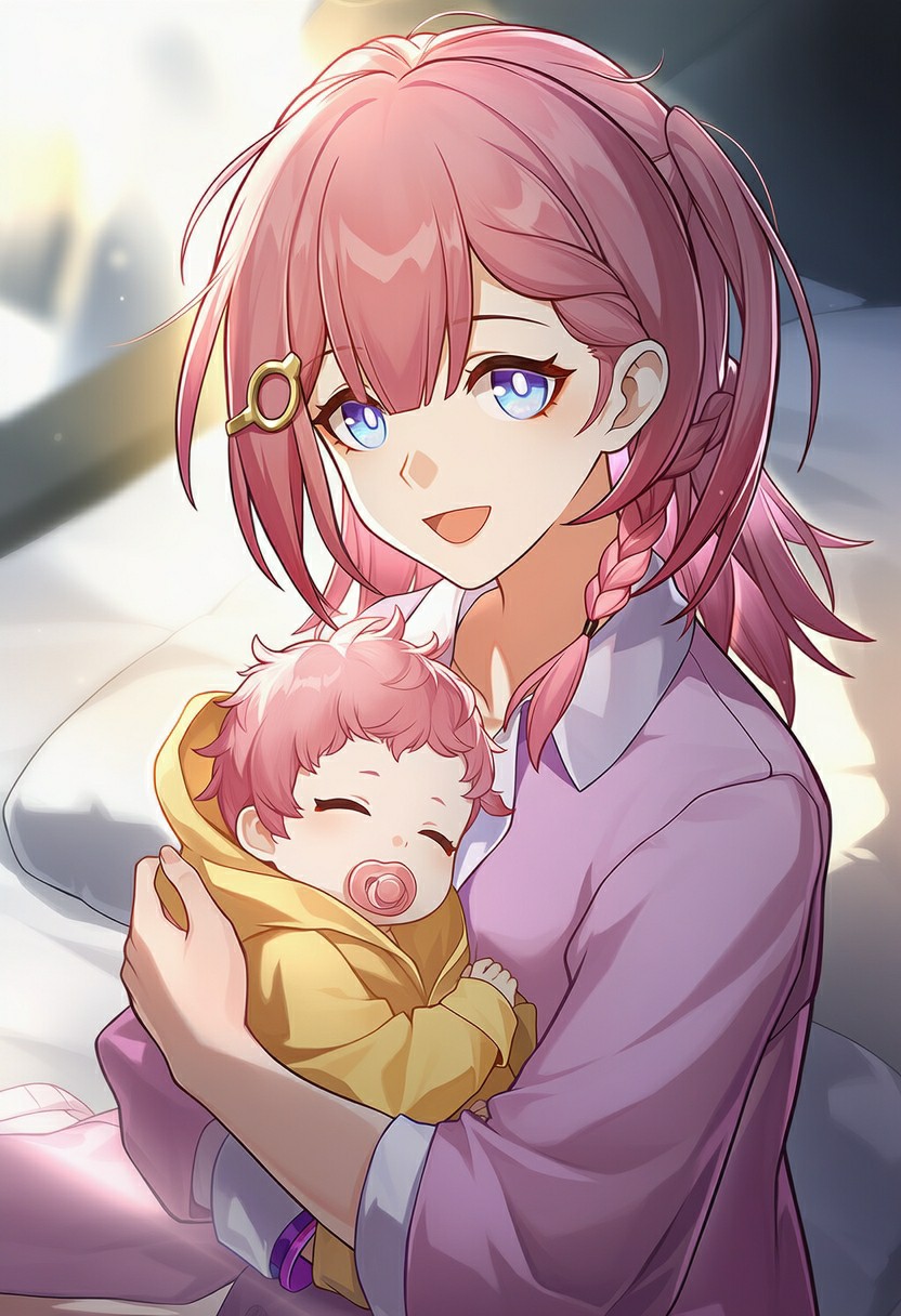 粉发妈咪怀抱萌宝，温馨亲子时光定格