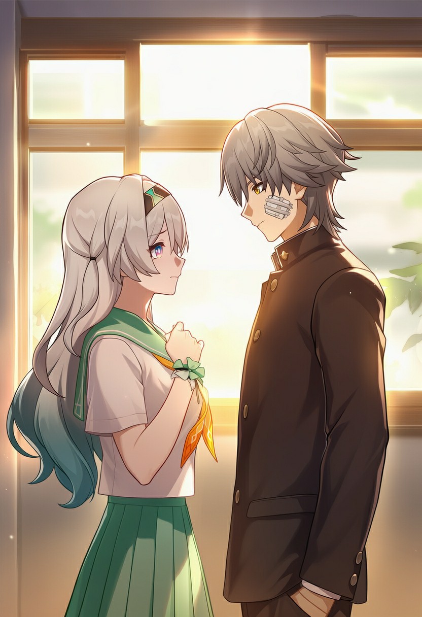 窗边的浪漫对视，动漫校园情侣的温柔瞬间