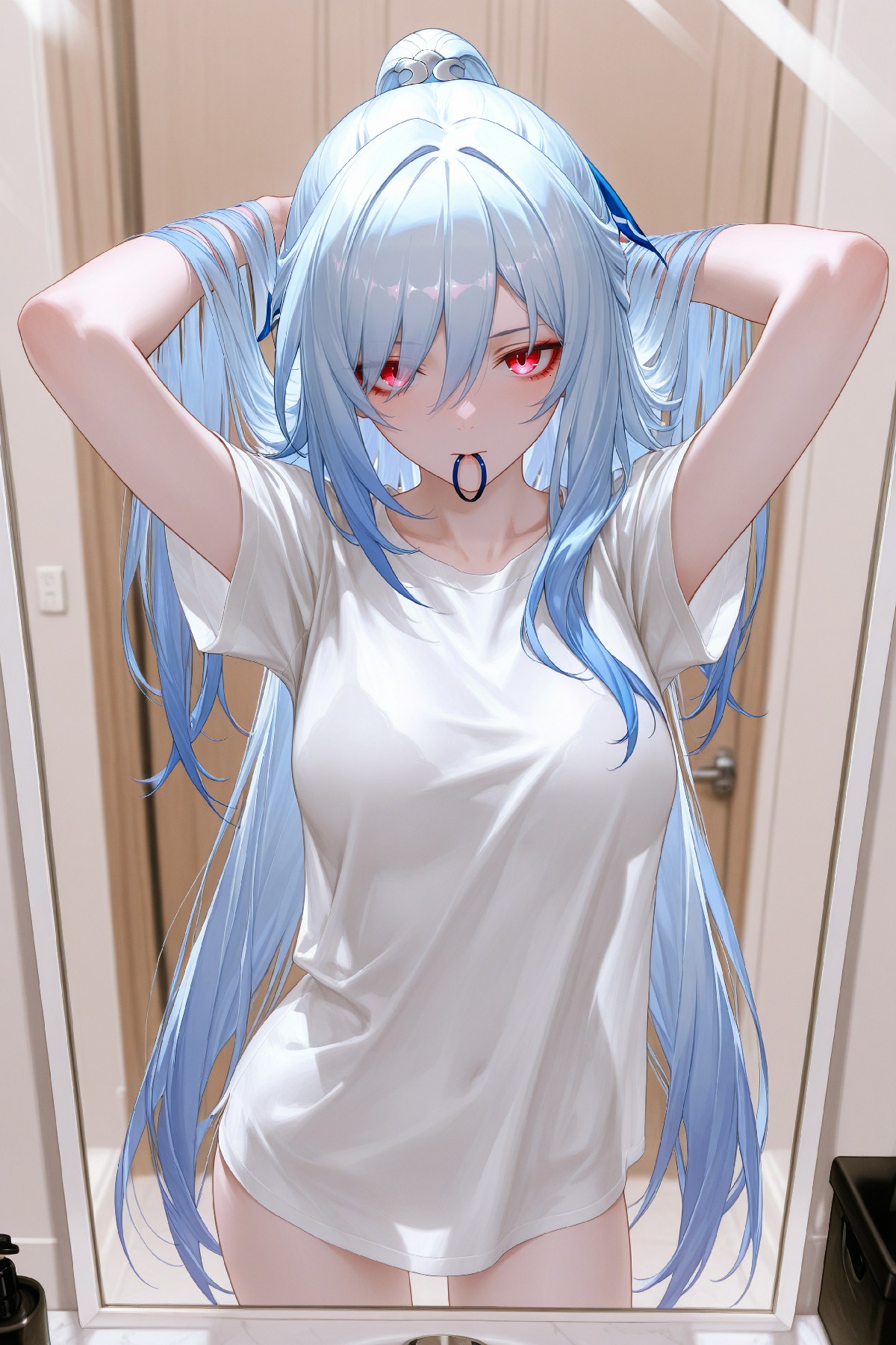 镜前整理长发的蓝发红眼少女谁能不心动