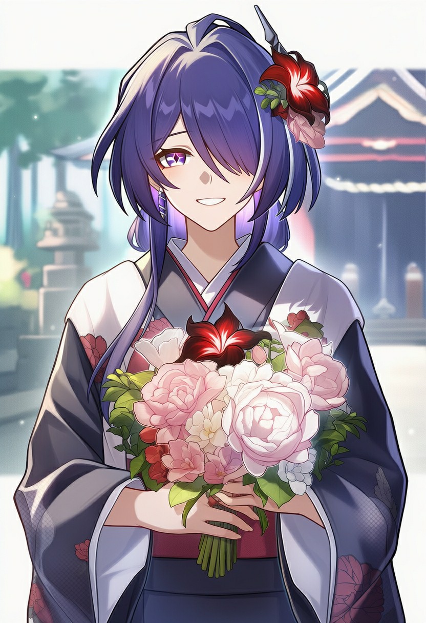 紫发和服少女手持花束，温柔氛围感拉满