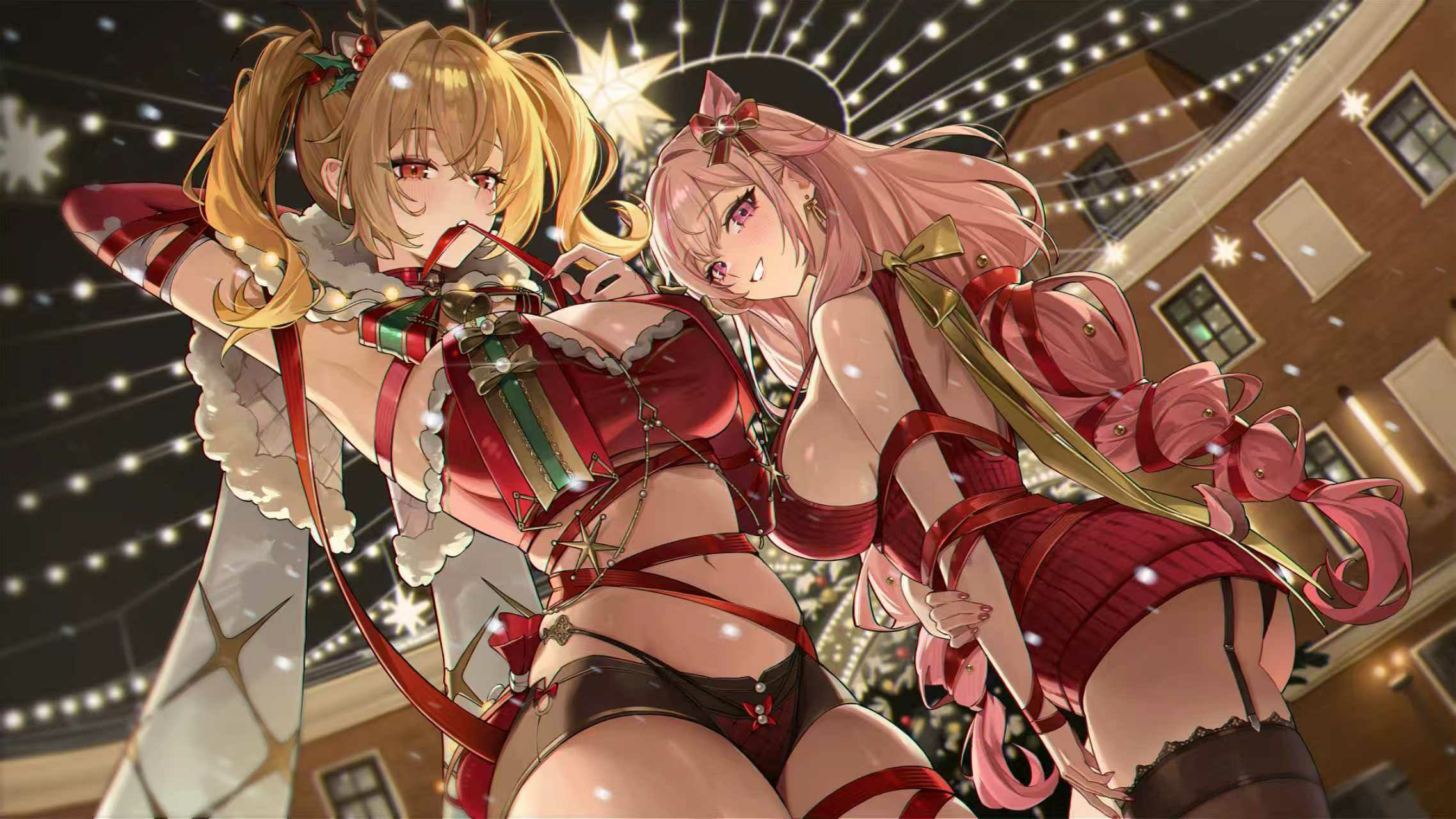 圣诞夜双美少女,红粉性感圣诞装