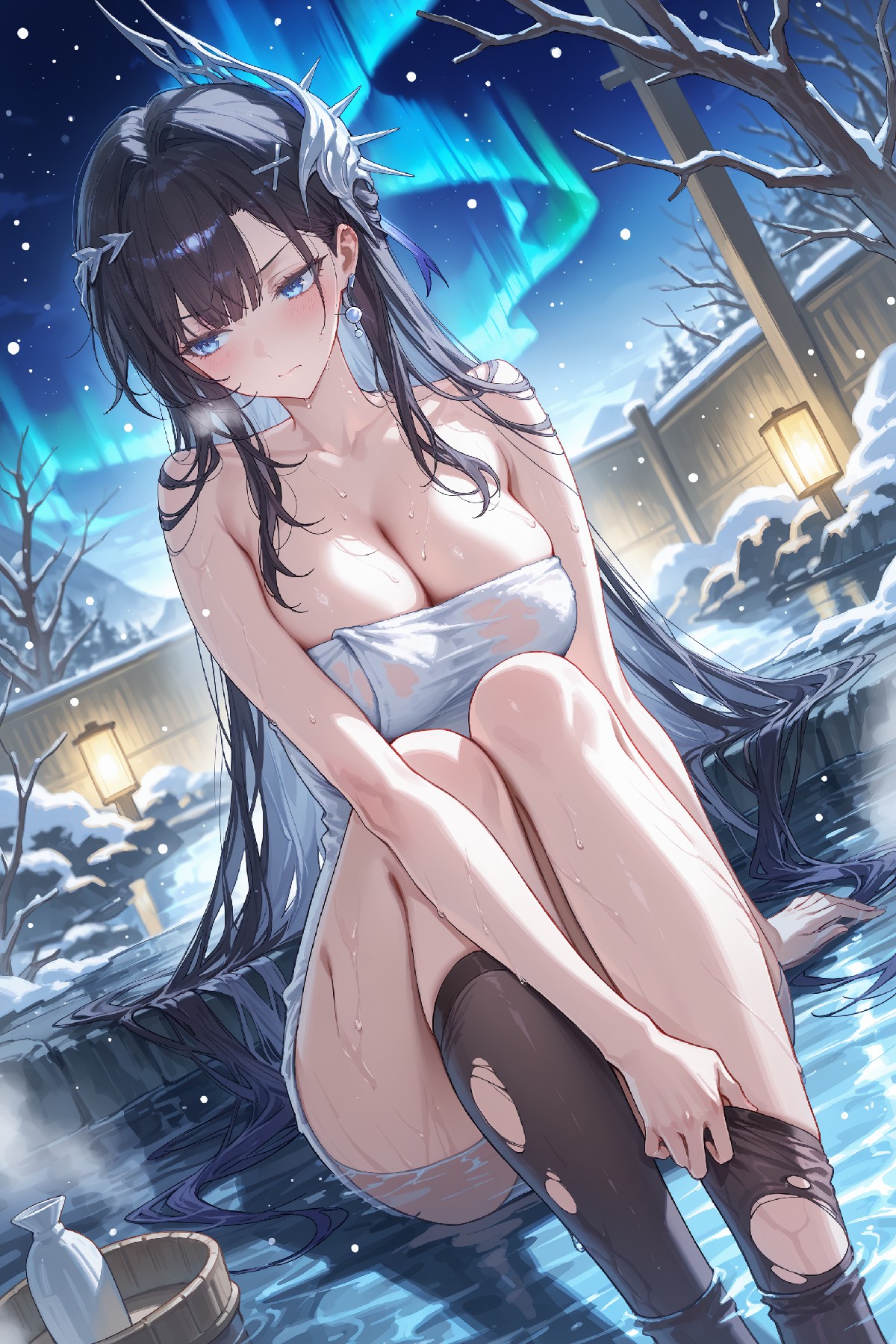 极光雪景中的温泉动漫美少女