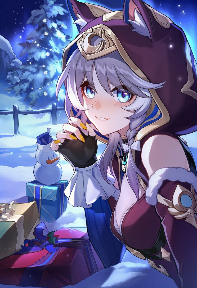 雪夜中的猫耳少女与圣诞礼物的温馨时刻