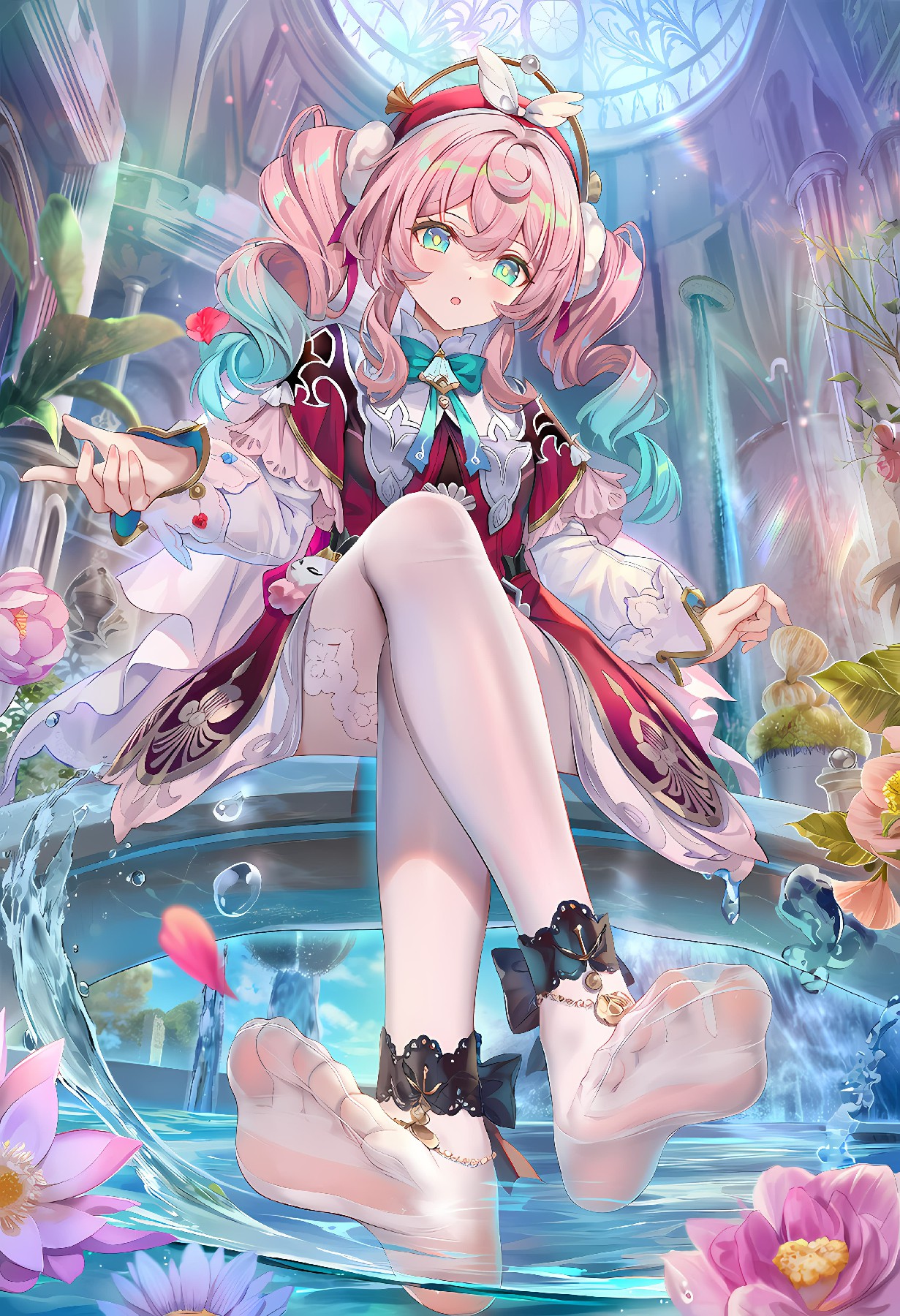 粉蓝渐变双马尾少女的梦幻水畔