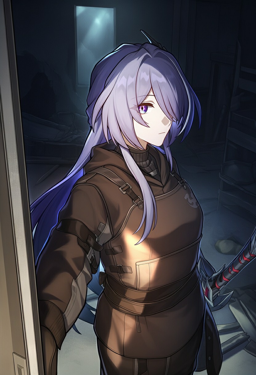 昏暗密闭房间里的紫眸冷艳女剑士