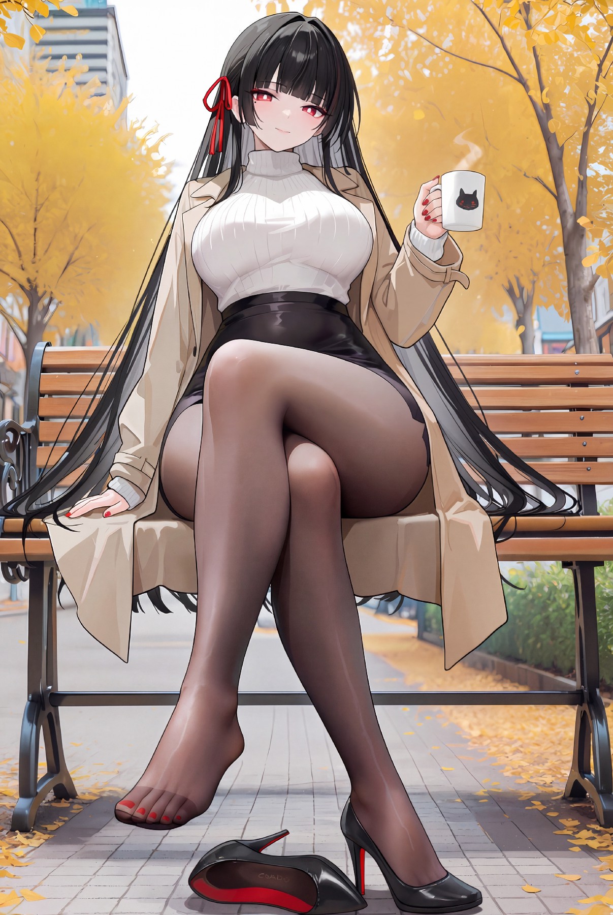 秋日公园长椅上的气质美少女