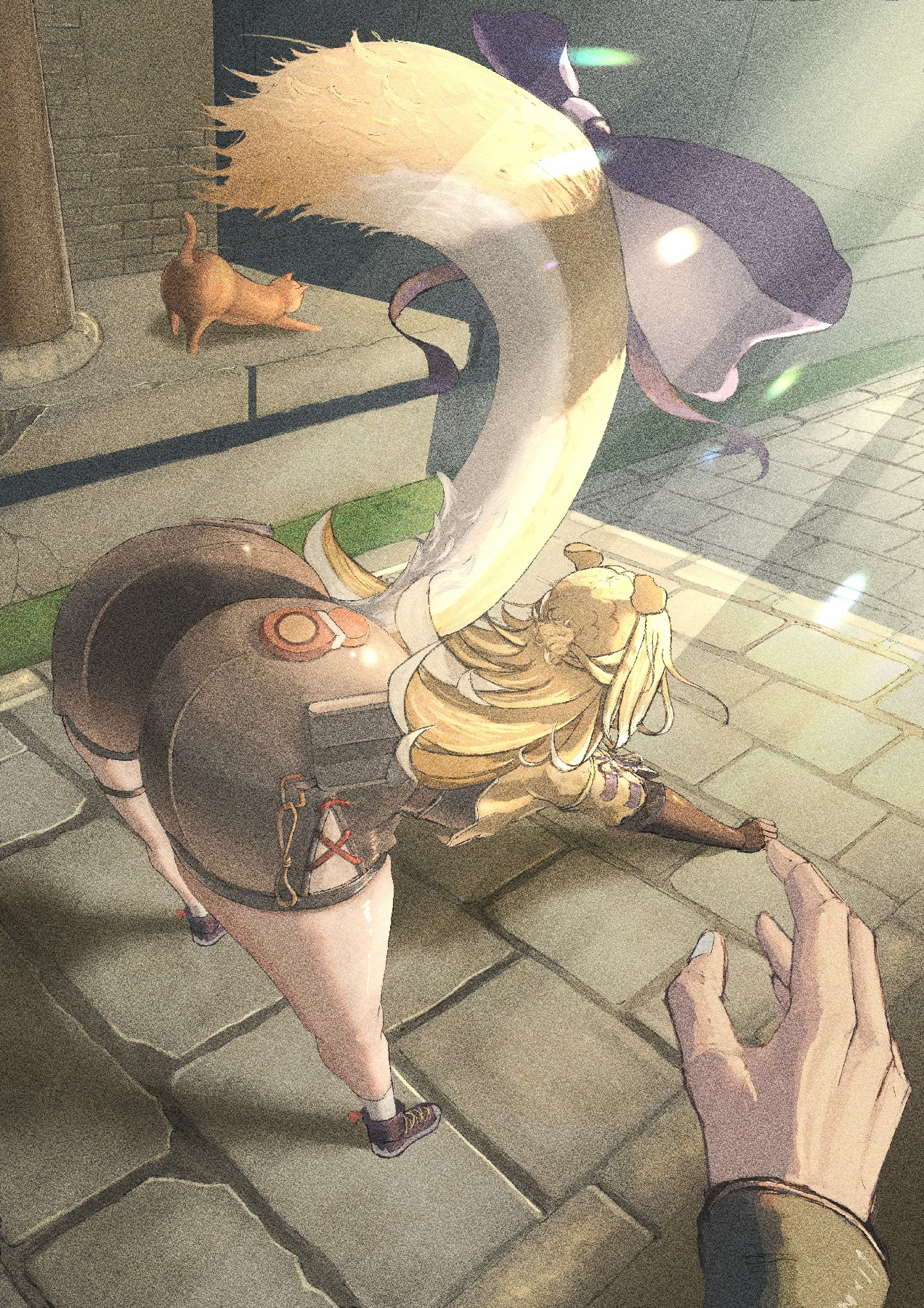 大尾巴兽耳娘与猫的治愈互动瞬间