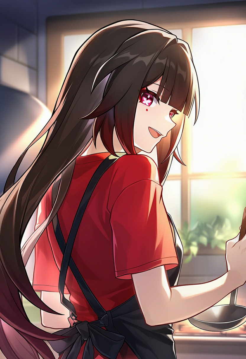 厨房元气少女,红装黑围裙超治愈