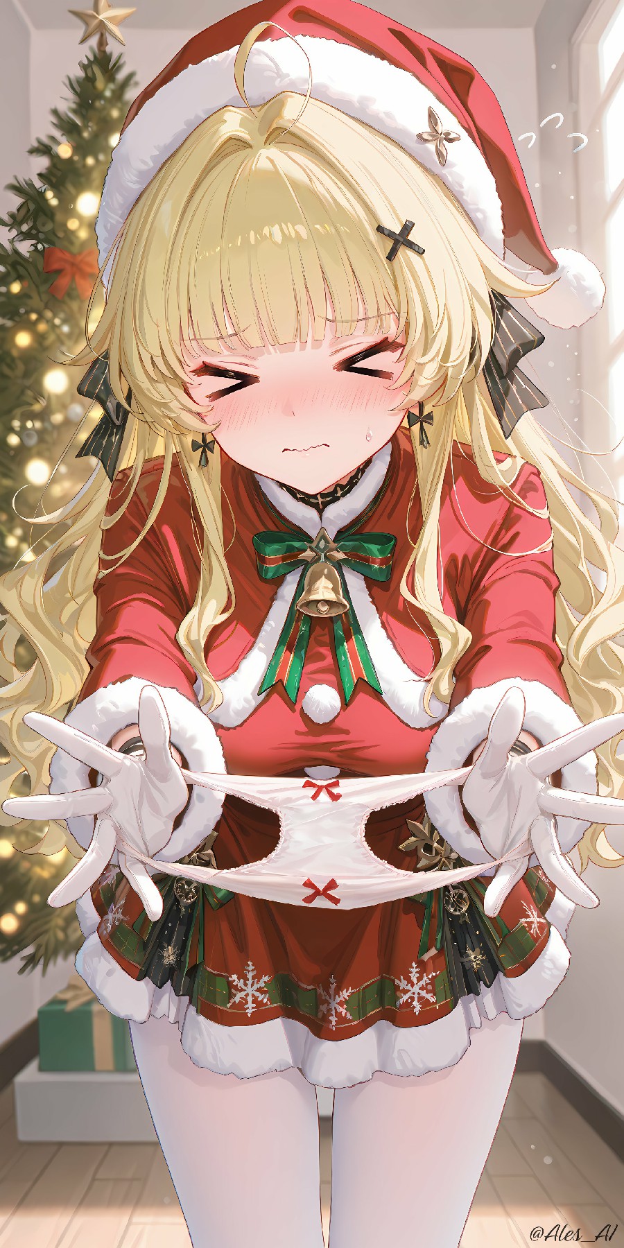 圣诞装少女手举小裤裤,社死又可爱