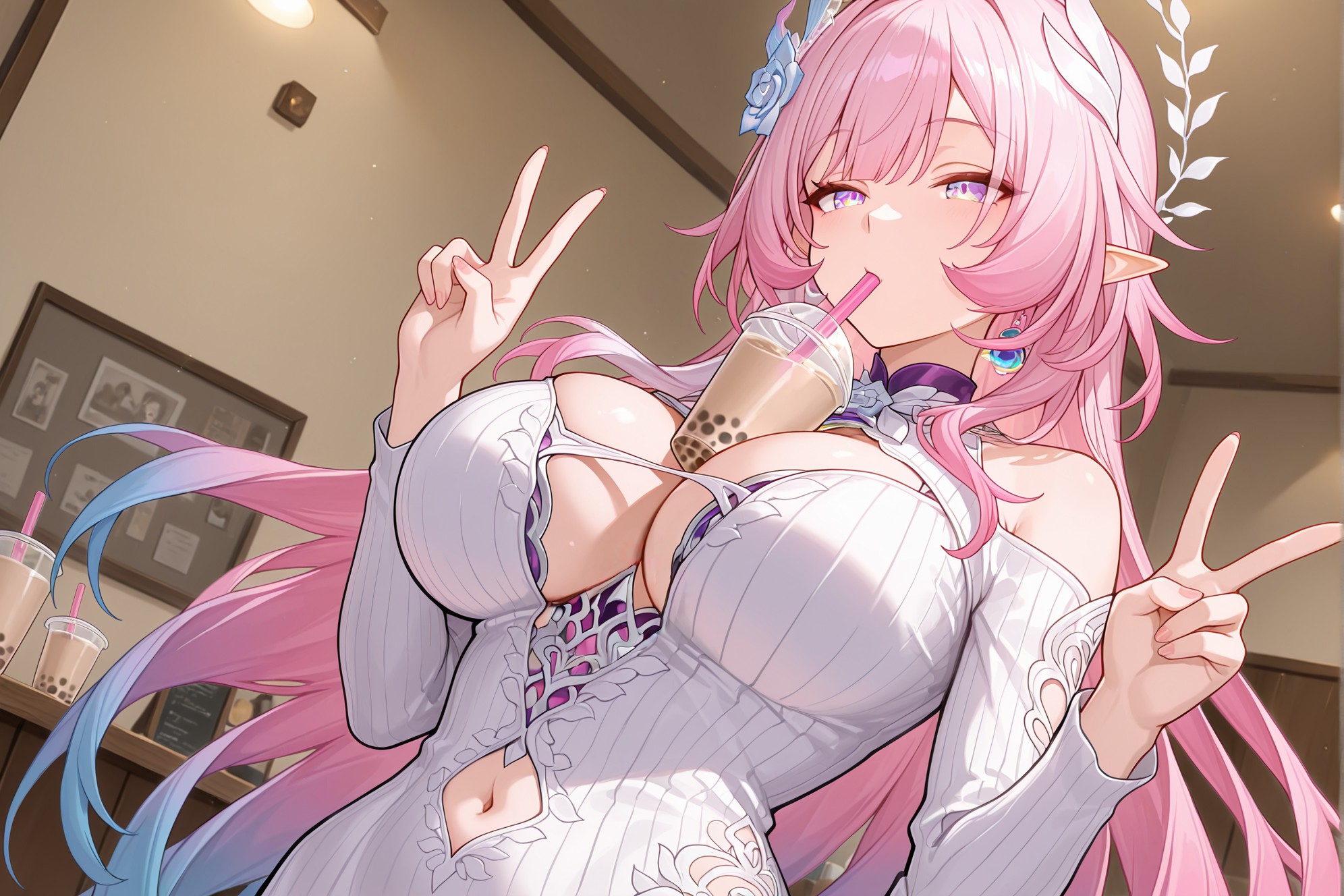 粉发美少女的惬意奶茶时光