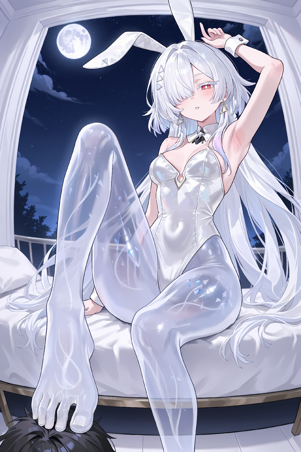 白发兔耳少女与月夜的浪漫温柔邂逅