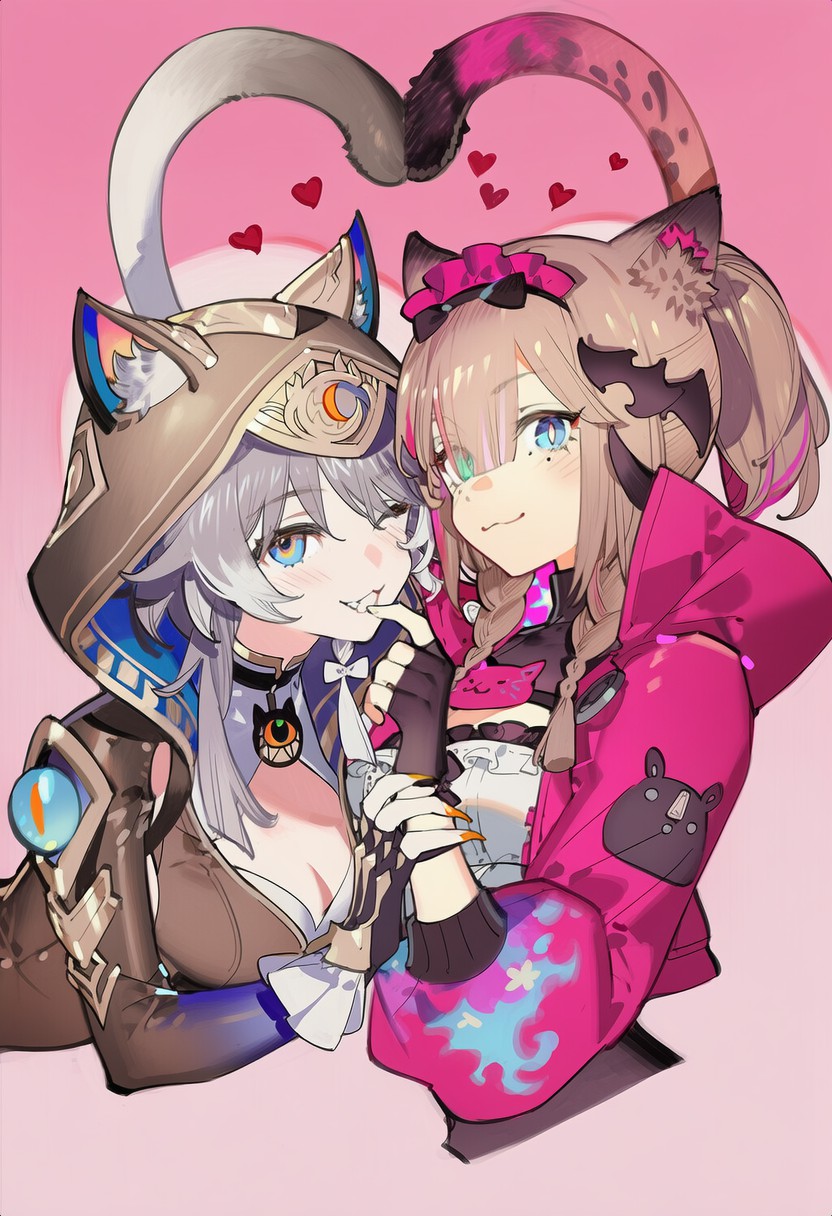 粉系猫耳娘甜蜜互动，超治愈！