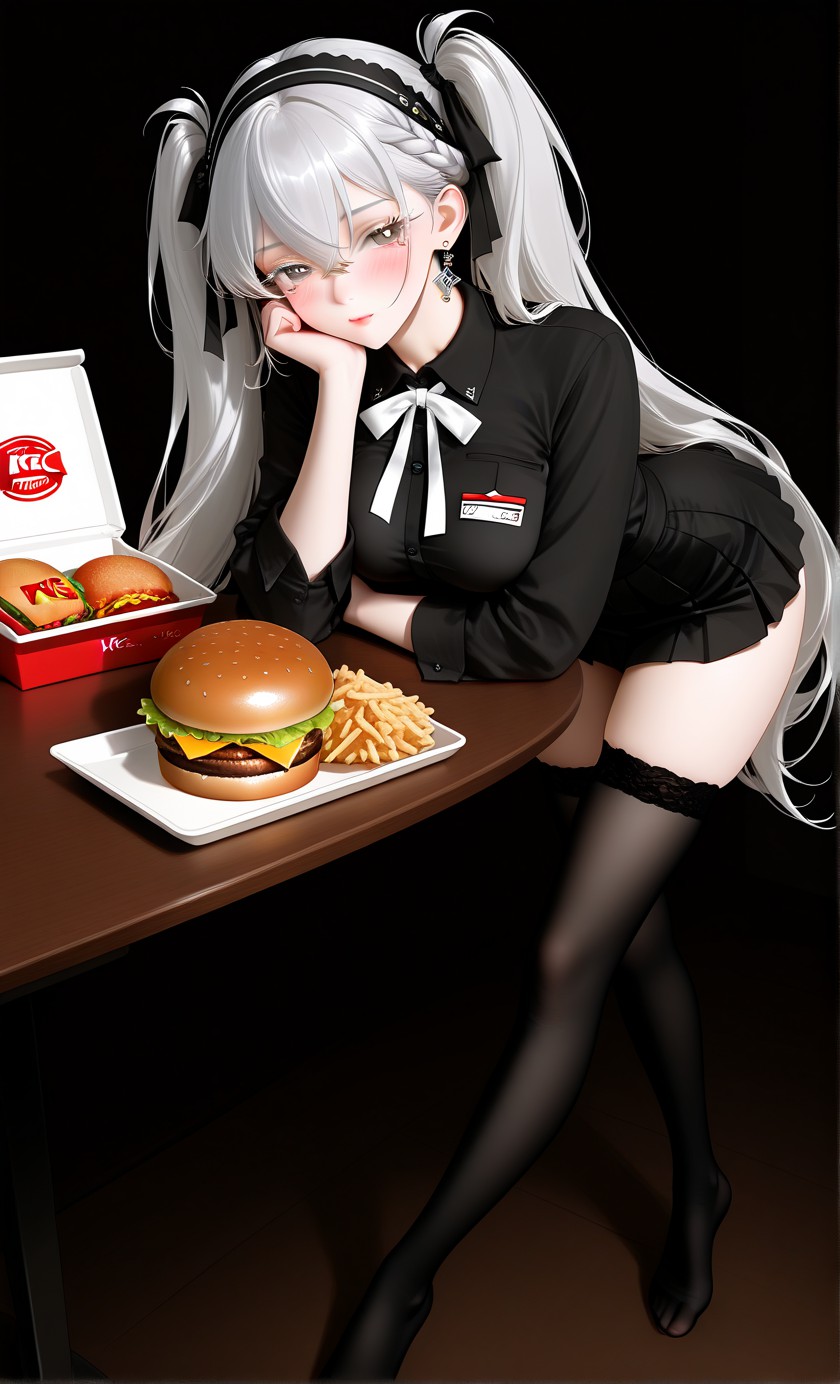 黑裙少女与美味快餐的心动瞬间