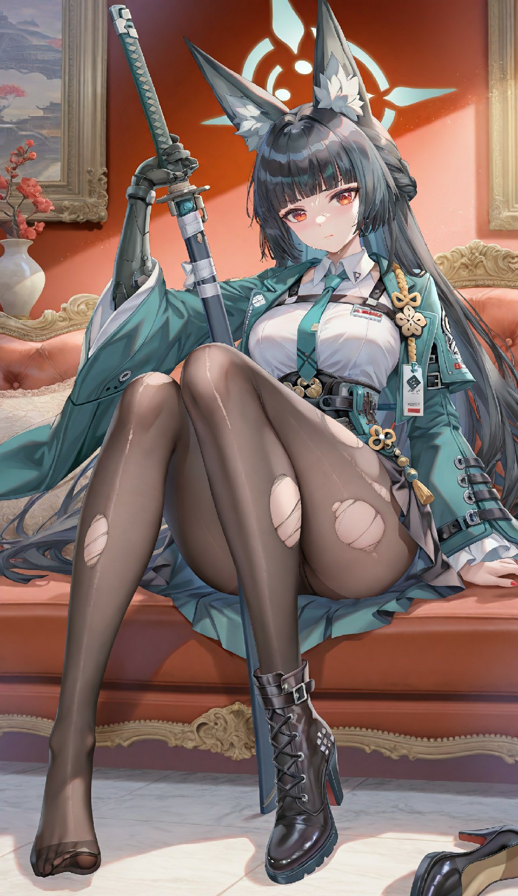 狐耳机械臂持剑少女 破洞黑丝显冷艳气场