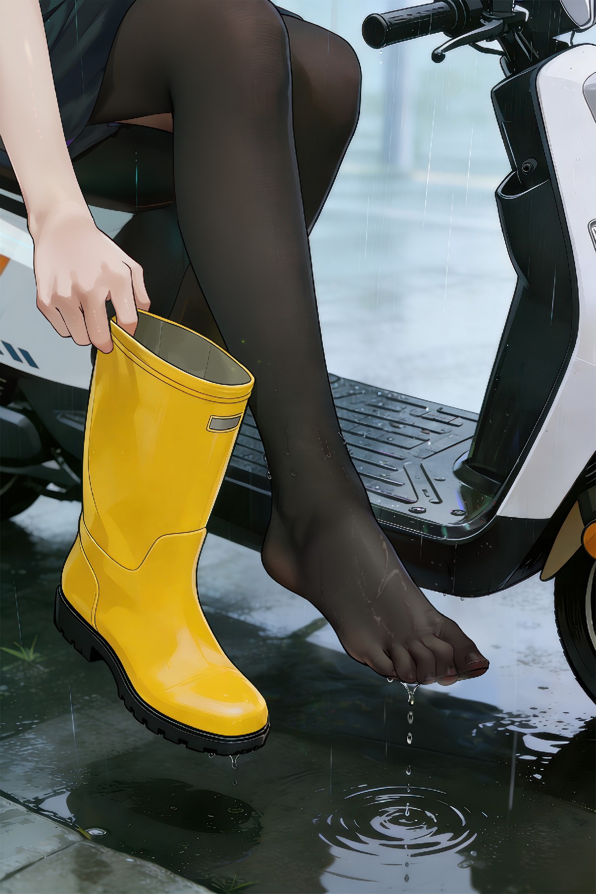 雨天换黄雨靴,黑丝脚的湿润瞬间