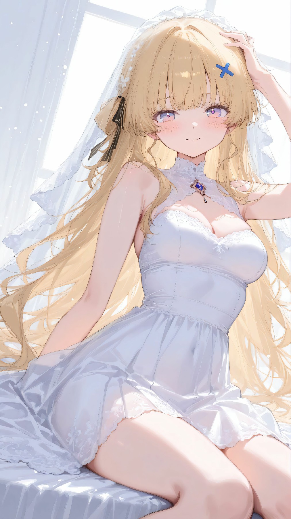 柔光窗边的金发婚纱少女温柔写真