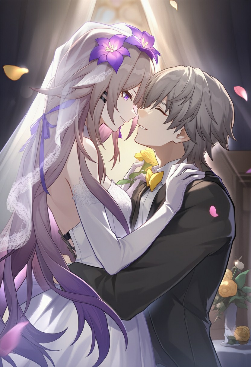 二次元婚礼现场：新人甜蜜对视的浪漫时刻