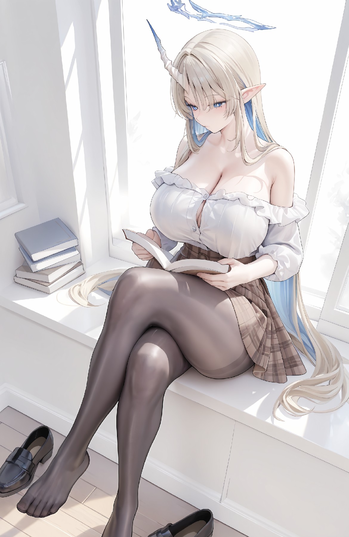 独角兽耳少女窗边阅读的梦幻时刻