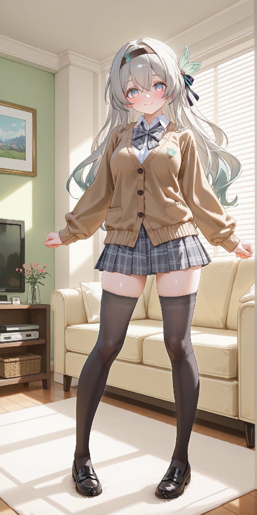 银发校服少女的居家可爱瞬间