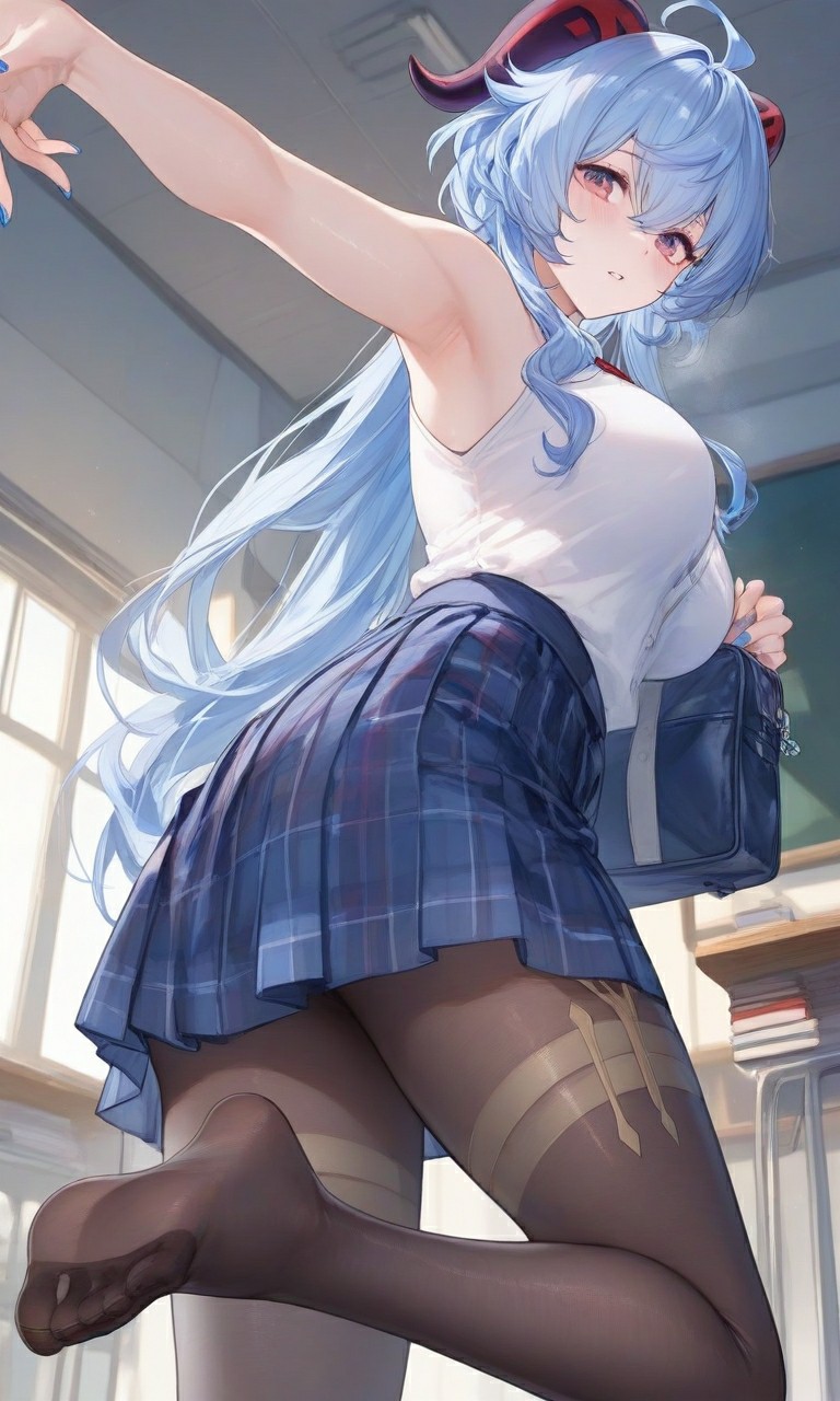 蓝发校服少女的活力校园瞬间