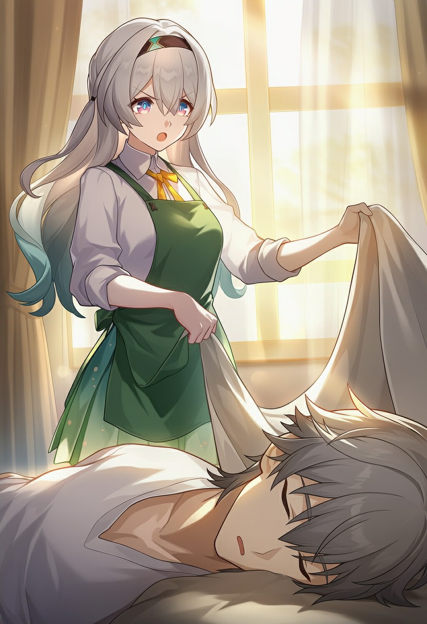 清晨温柔照料，围裙少女的暖心瞬间