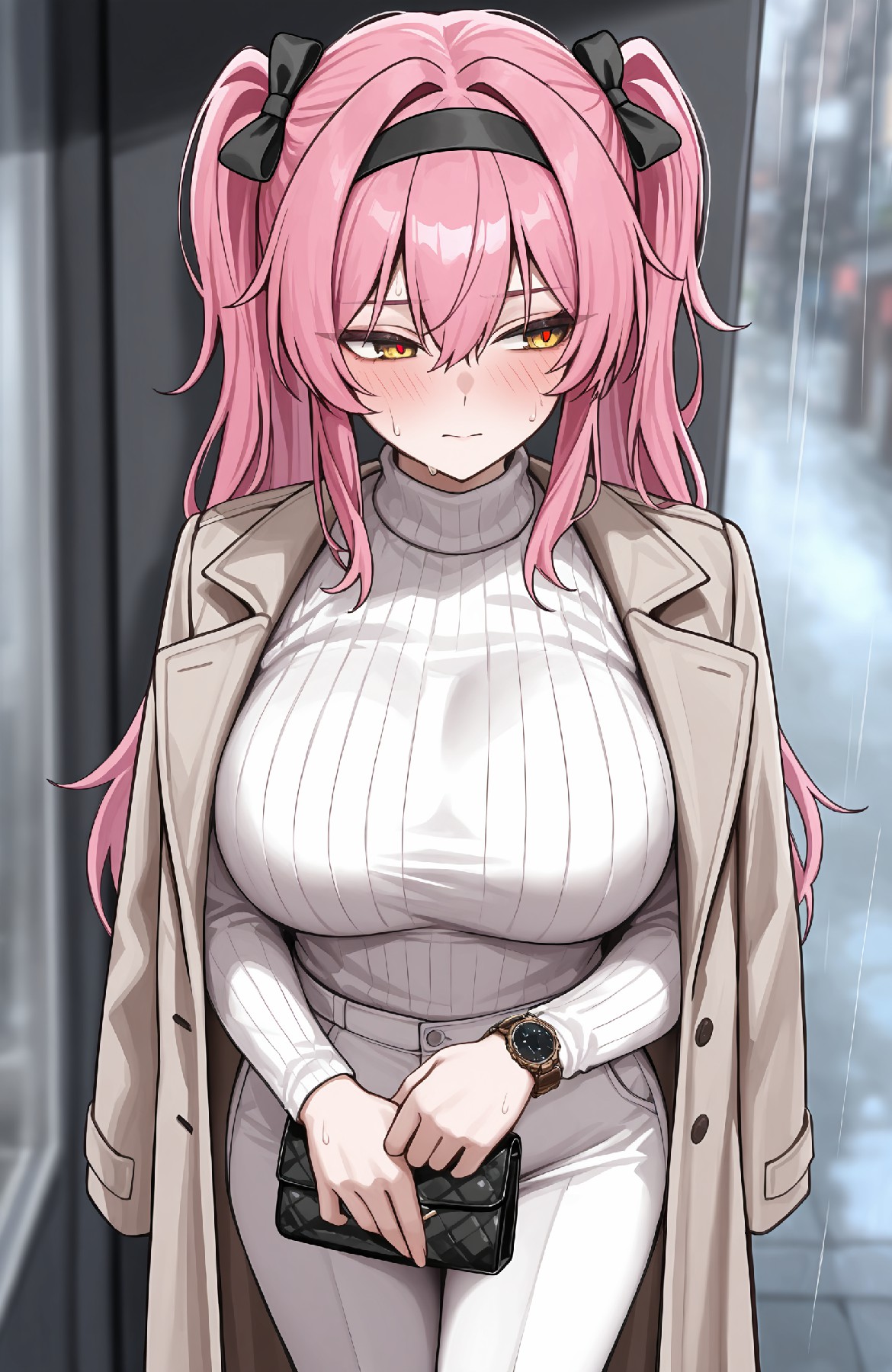 雨天檐下粉发双马尾少女，脸红羞涩尽显柔态