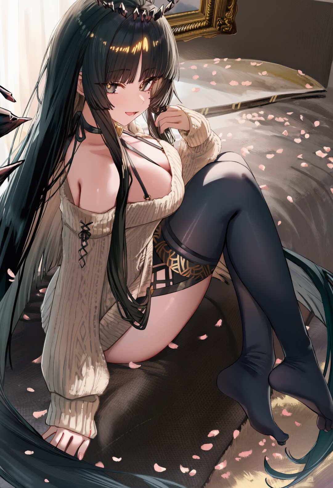 墨发尖冠少女慵懒卧榻，樱瓣晕染柔媚氛围