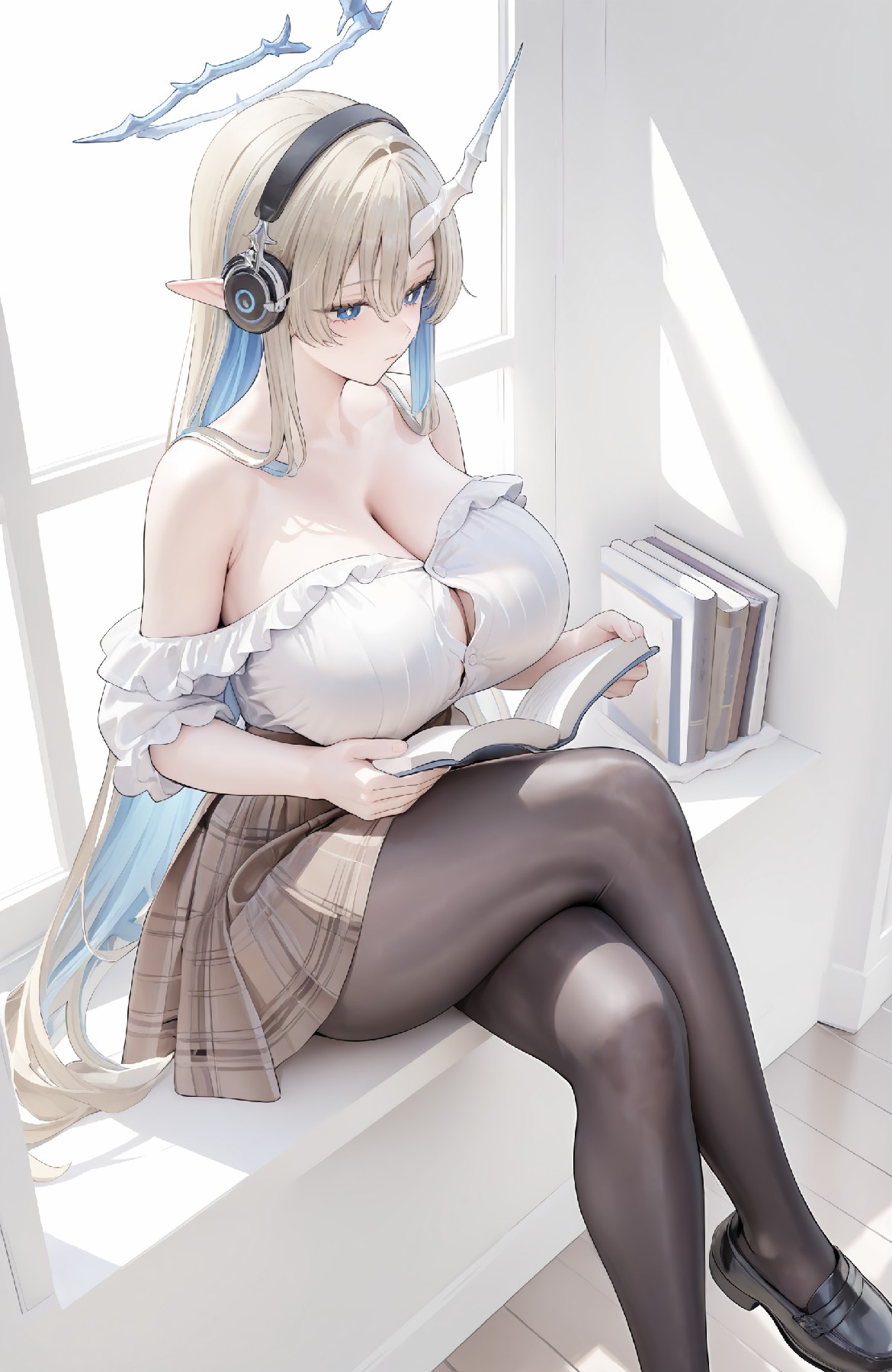 金发龙角精灵的窗边阅读时光