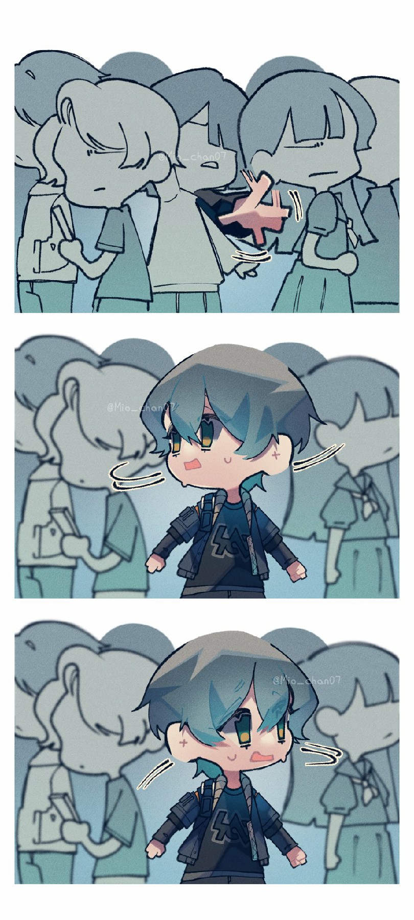 灰调人群中突然闪现的彩色萌系角色