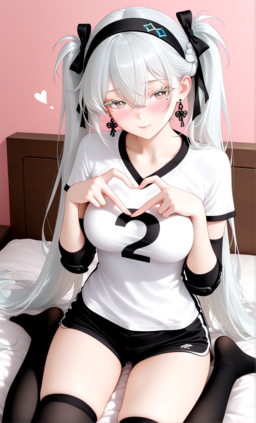 银发双马尾少女比心甜系居家氛围感写真