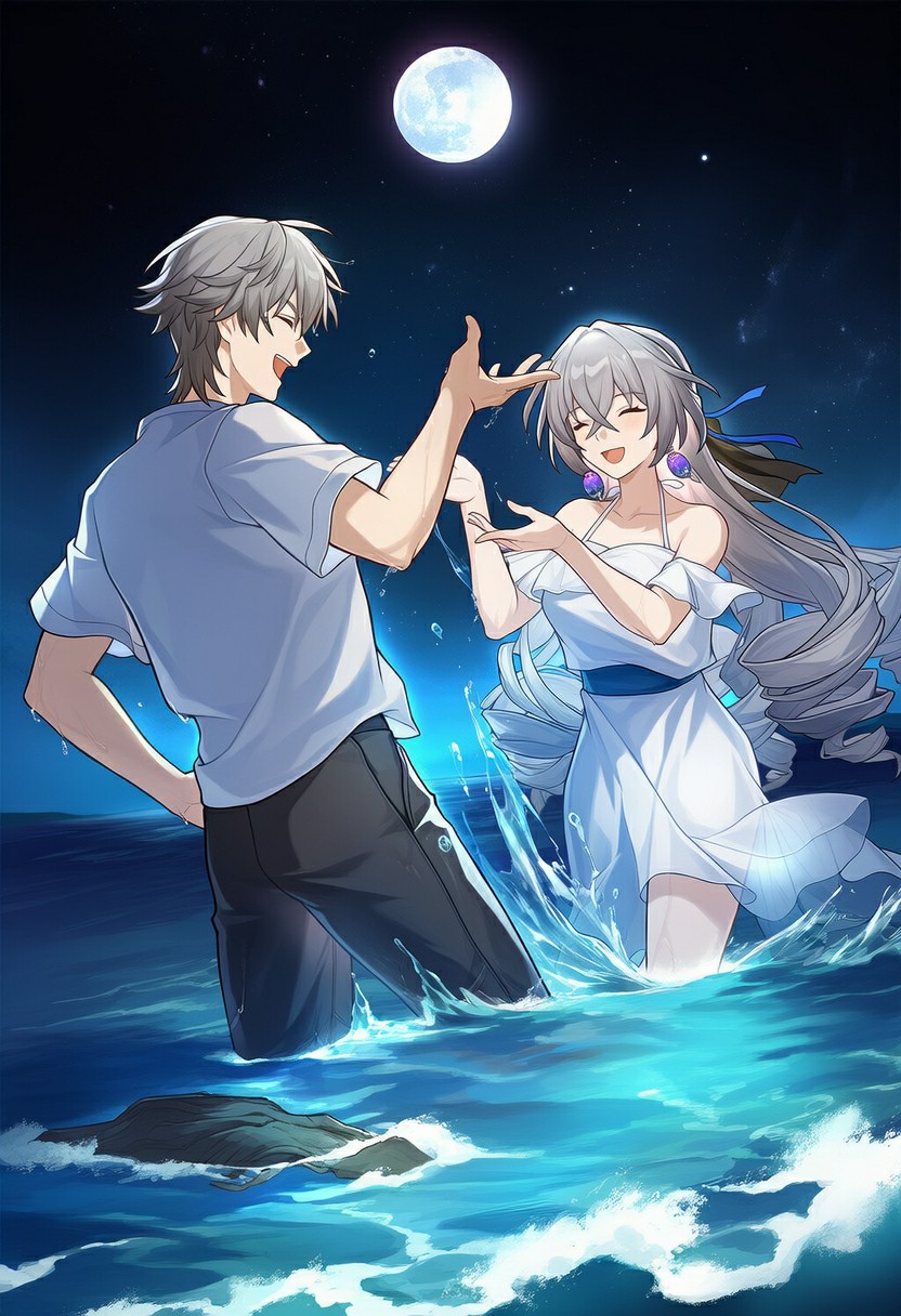 月夜下的海边浪漫邂逅