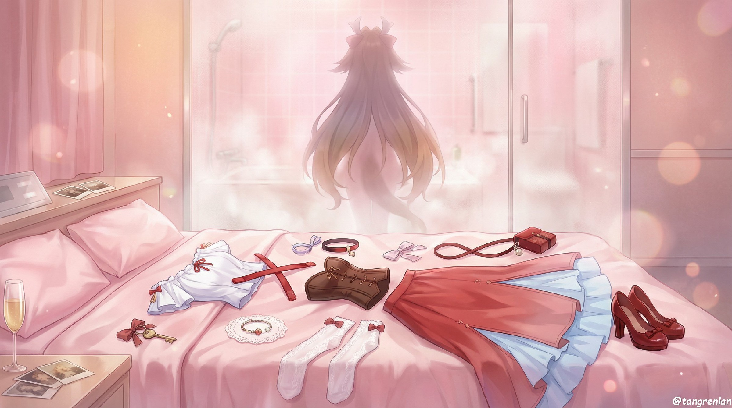 长发少女浴后背影,粉系卧室里的精致日常