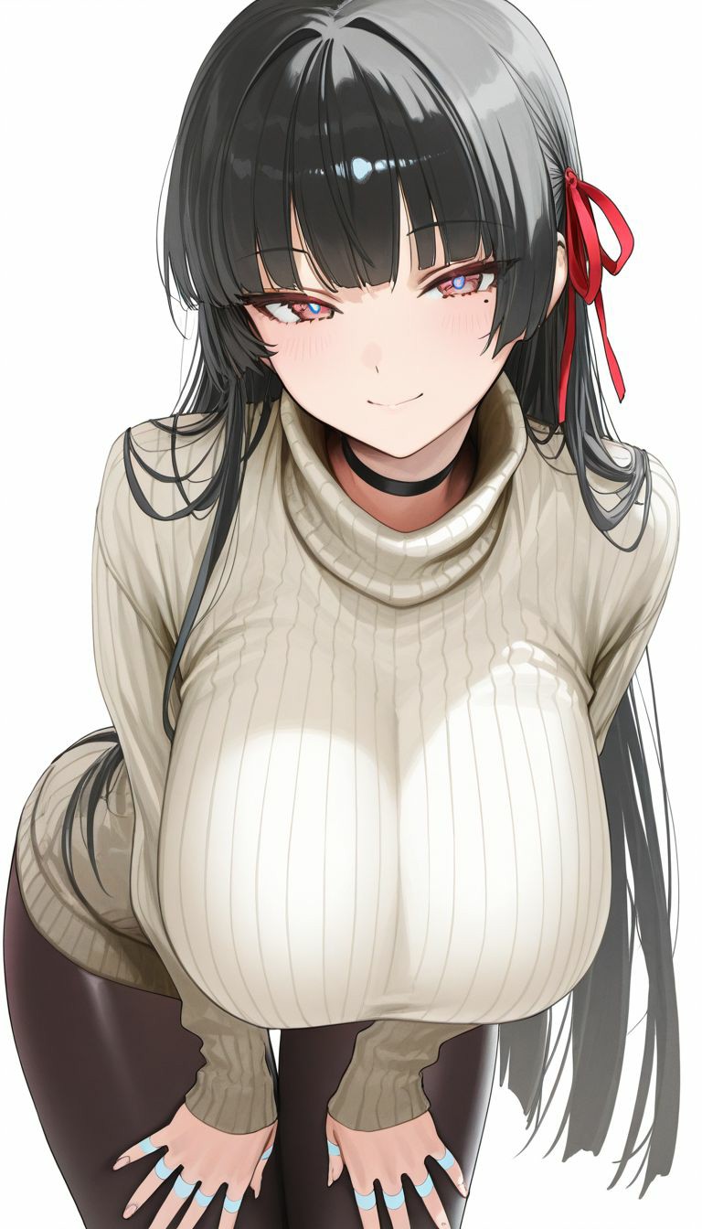 长发红丝带少女的温柔毛衣造型