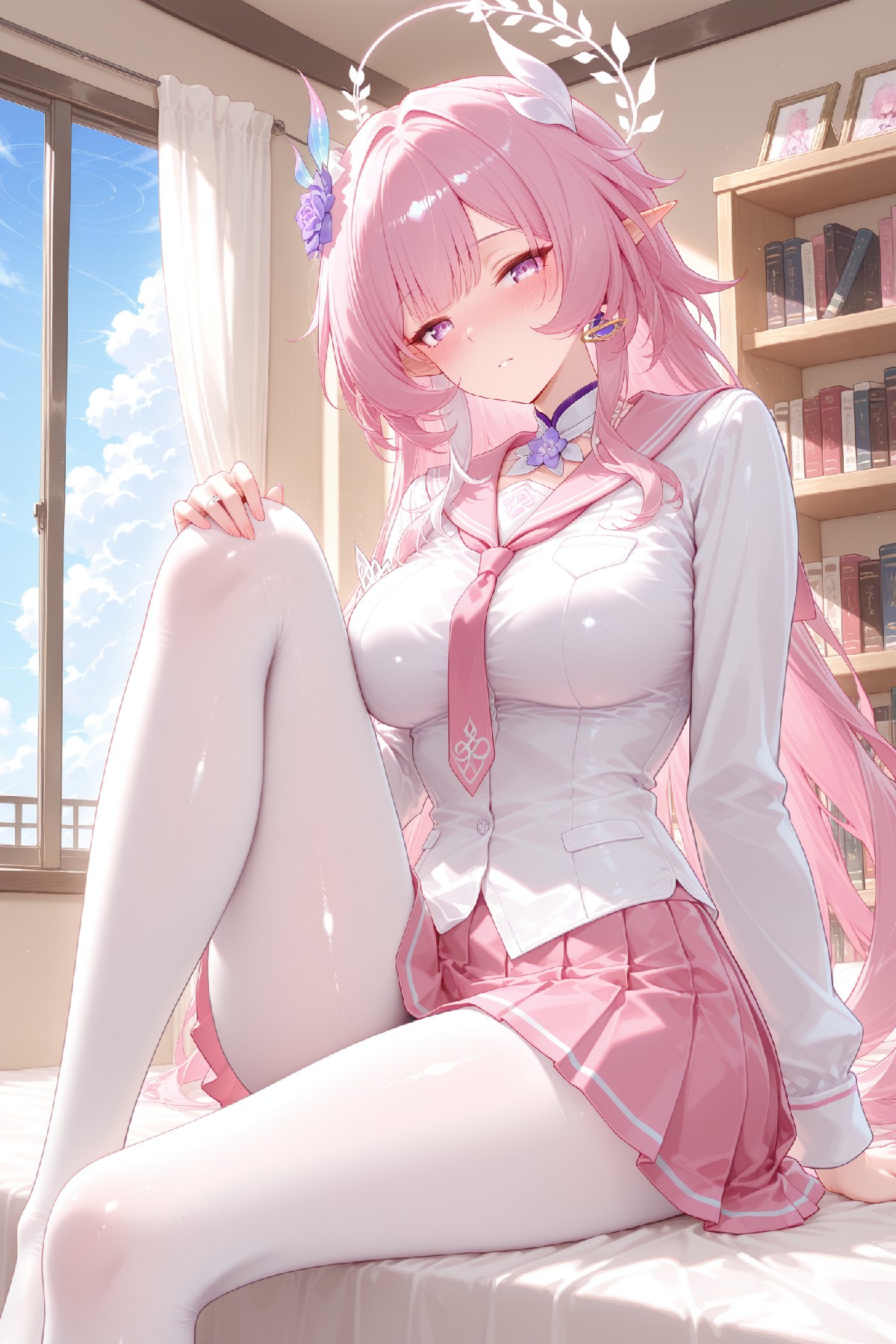 粉发水手服精灵少女的卧室午后时光