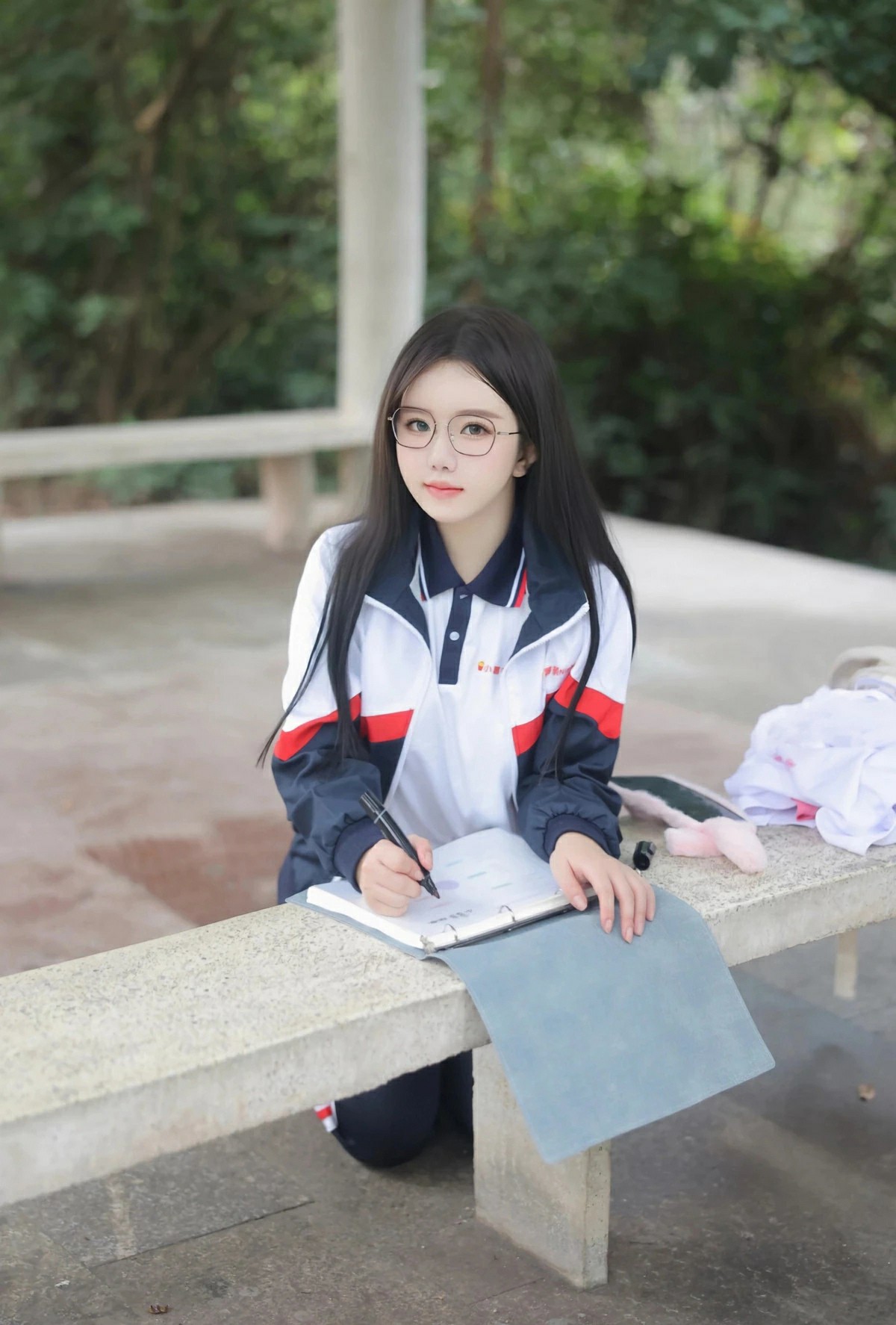 校服少女户外写作业,青春氛围感拉满