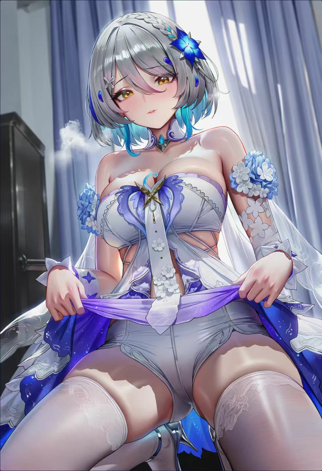 蓝白渐变发二次元美少女的华丽穿搭