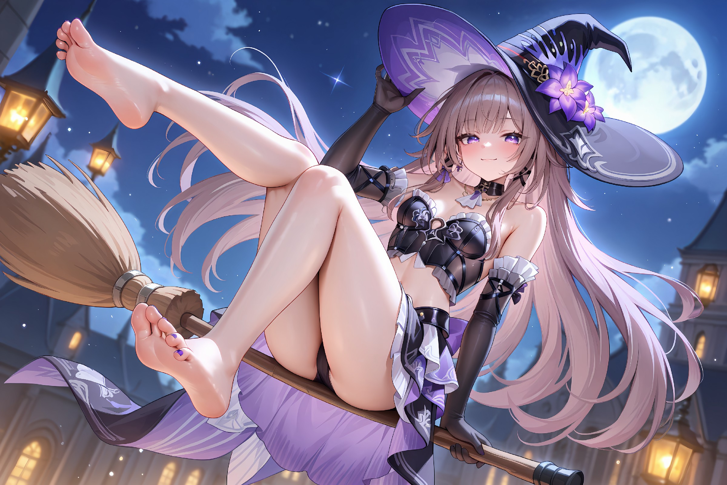 月夜女巫骑扫帚 二次元萌妹超吸睛