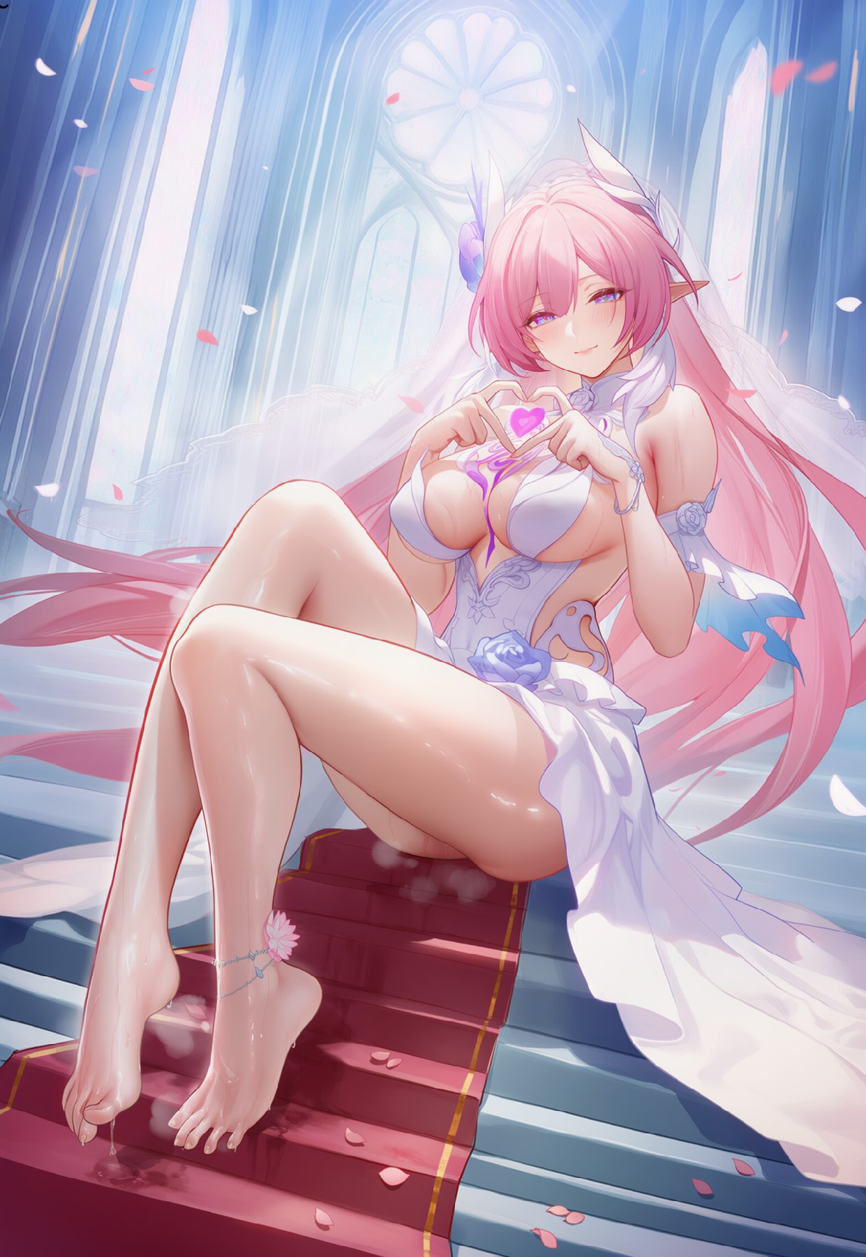 教堂光影下的粉发精灵，爱心手势超治愈