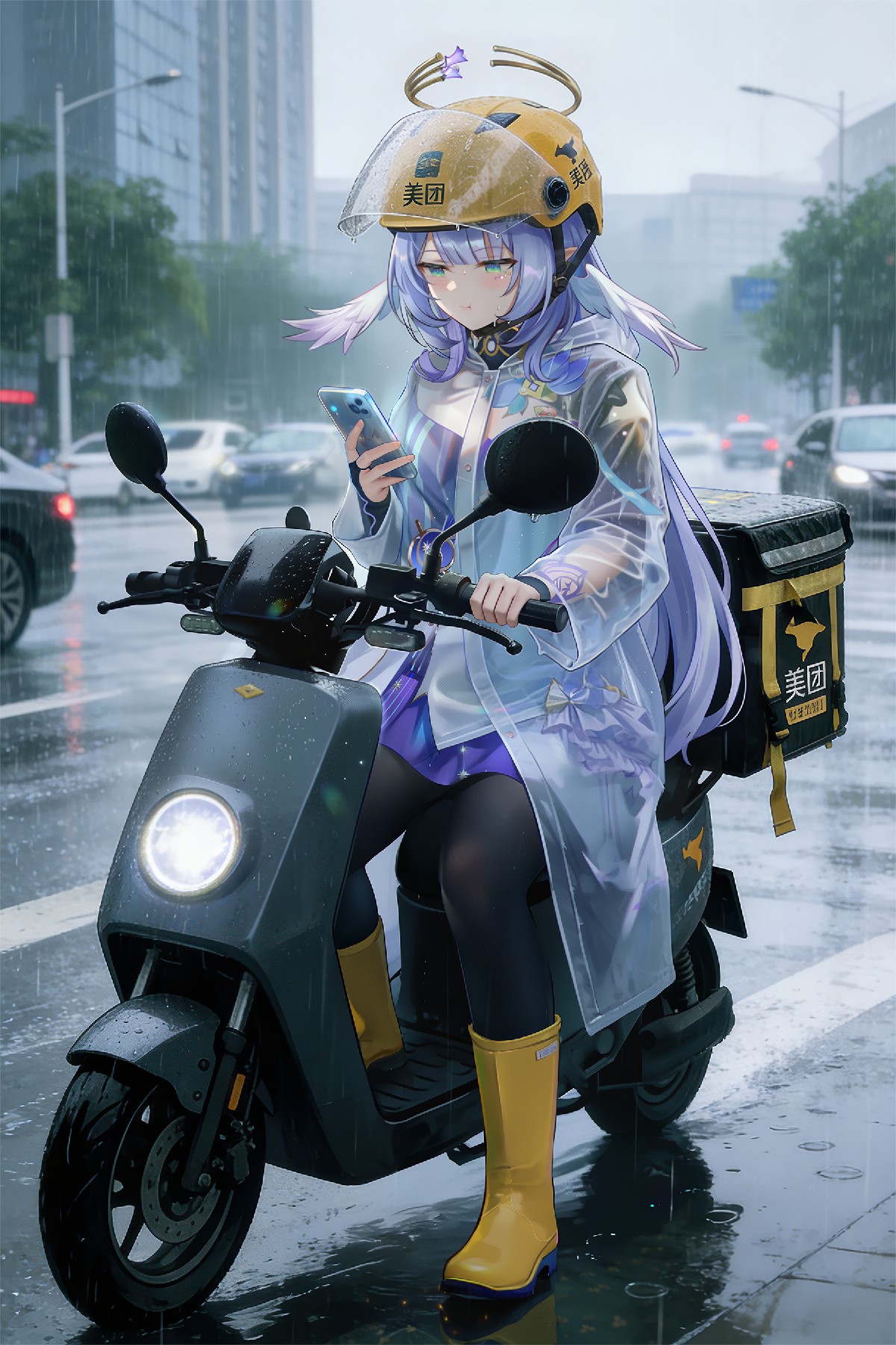 动漫风外卖少女雨天街头送餐的瞬间