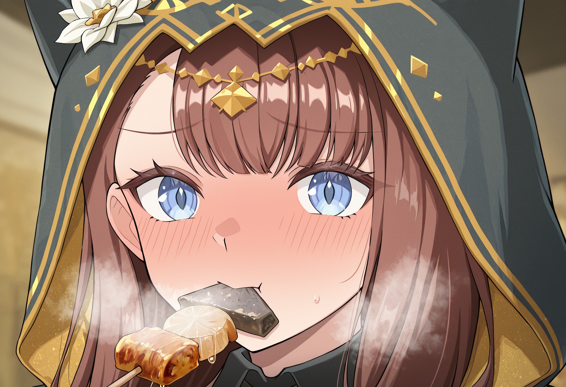 华丽帽饰少女脸红吃串超可爱