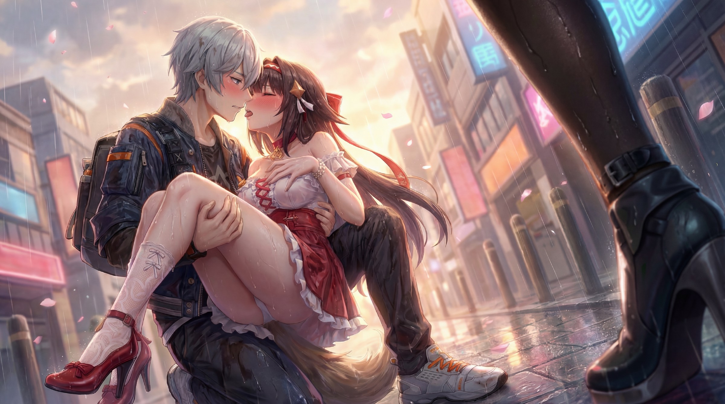 雨夜街头 二次元情侣的浪漫拥吻