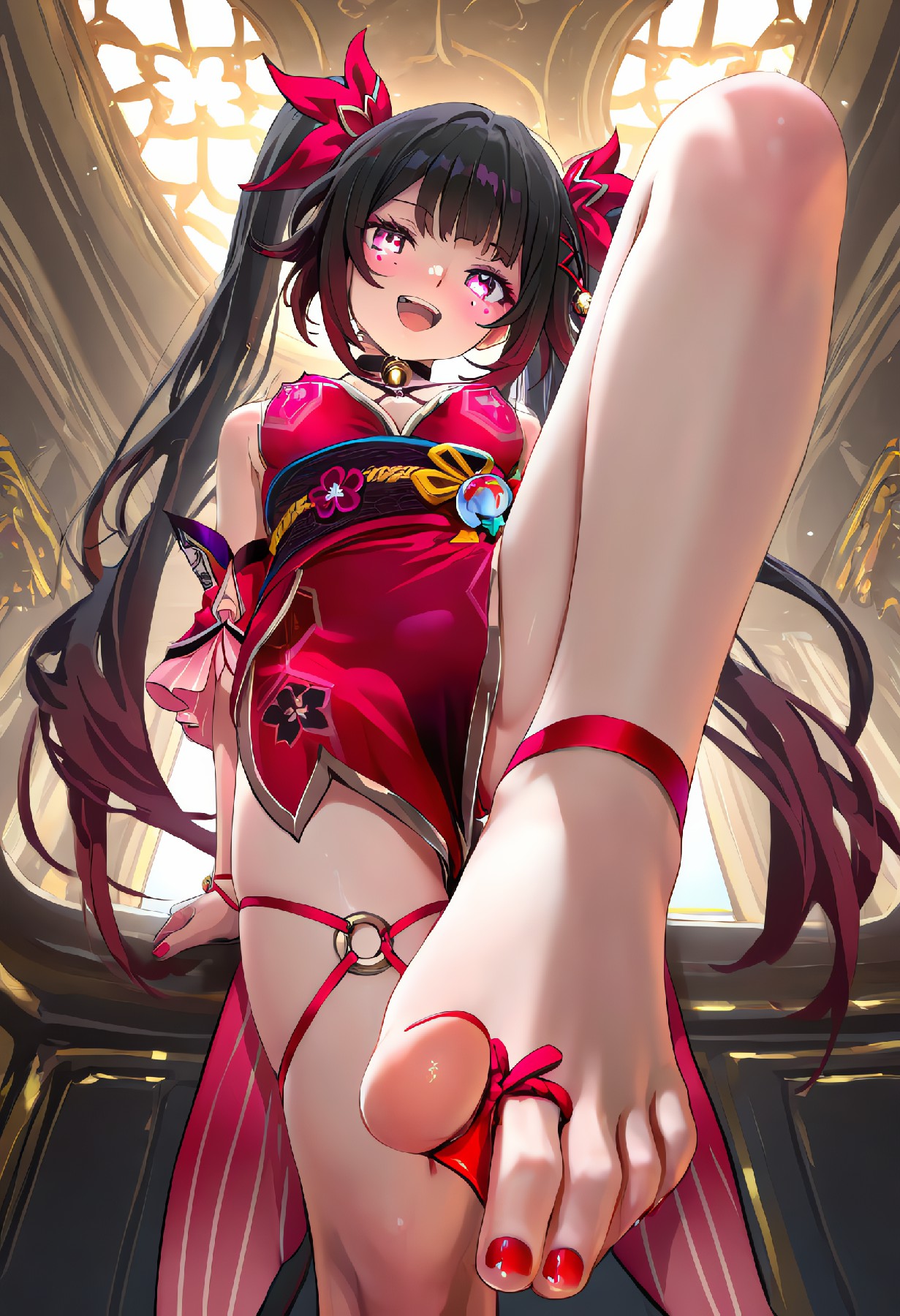 红裙双马尾少女,华丽脚姿超吸睛