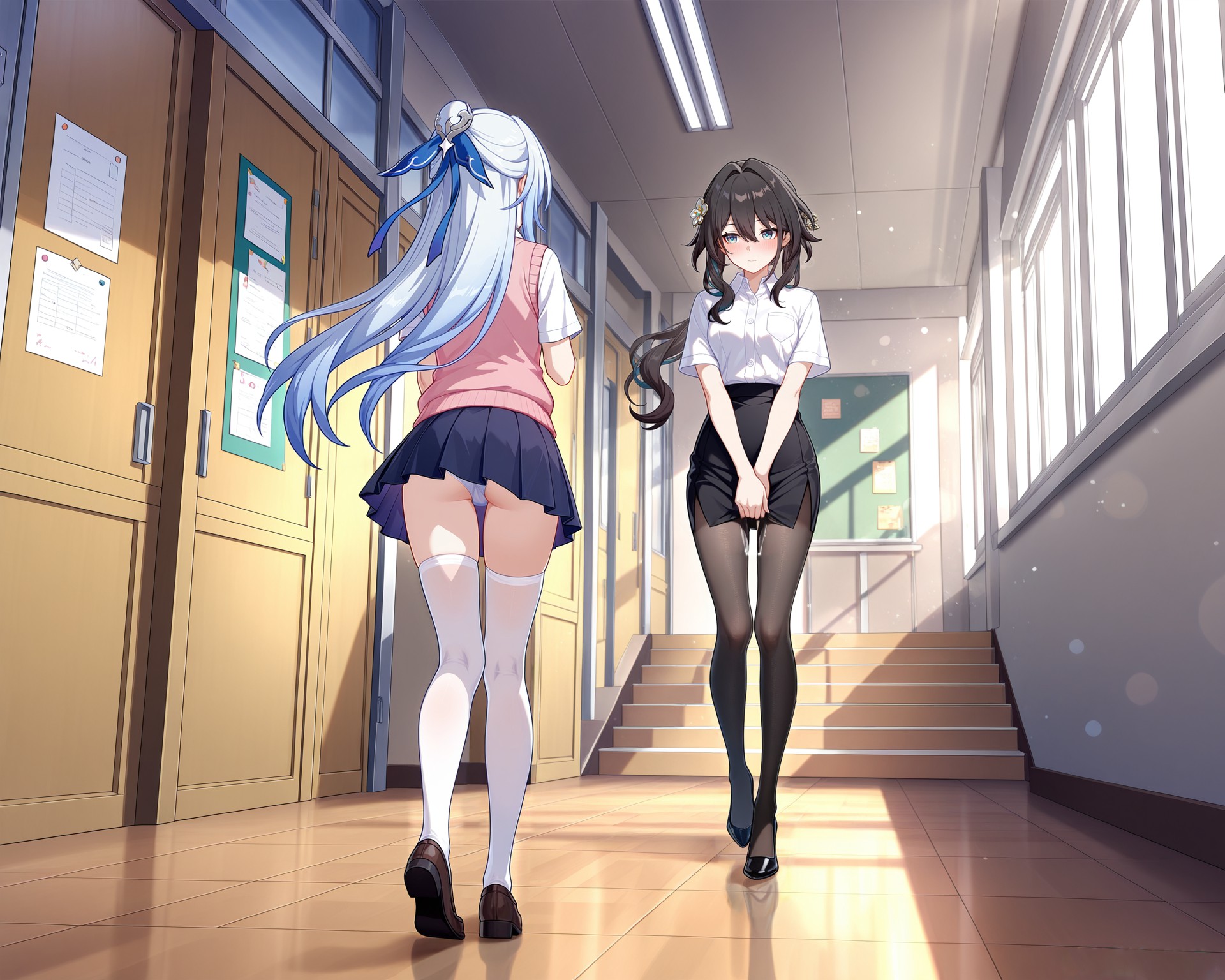 校园走廊里的青春身影，蓝发黑发少女超吸睛