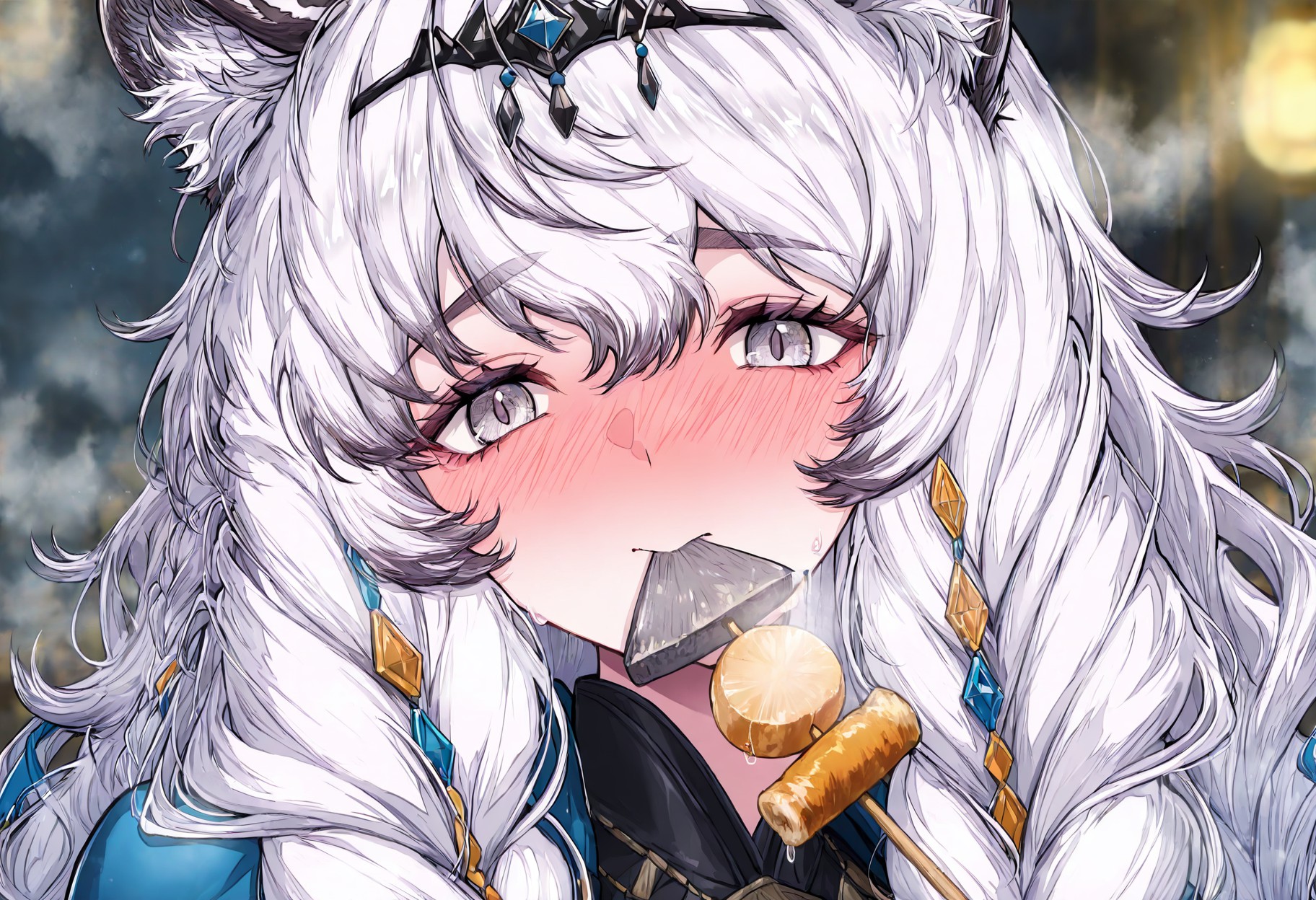 白发兽耳娘叼美食，脸红模样太戳人