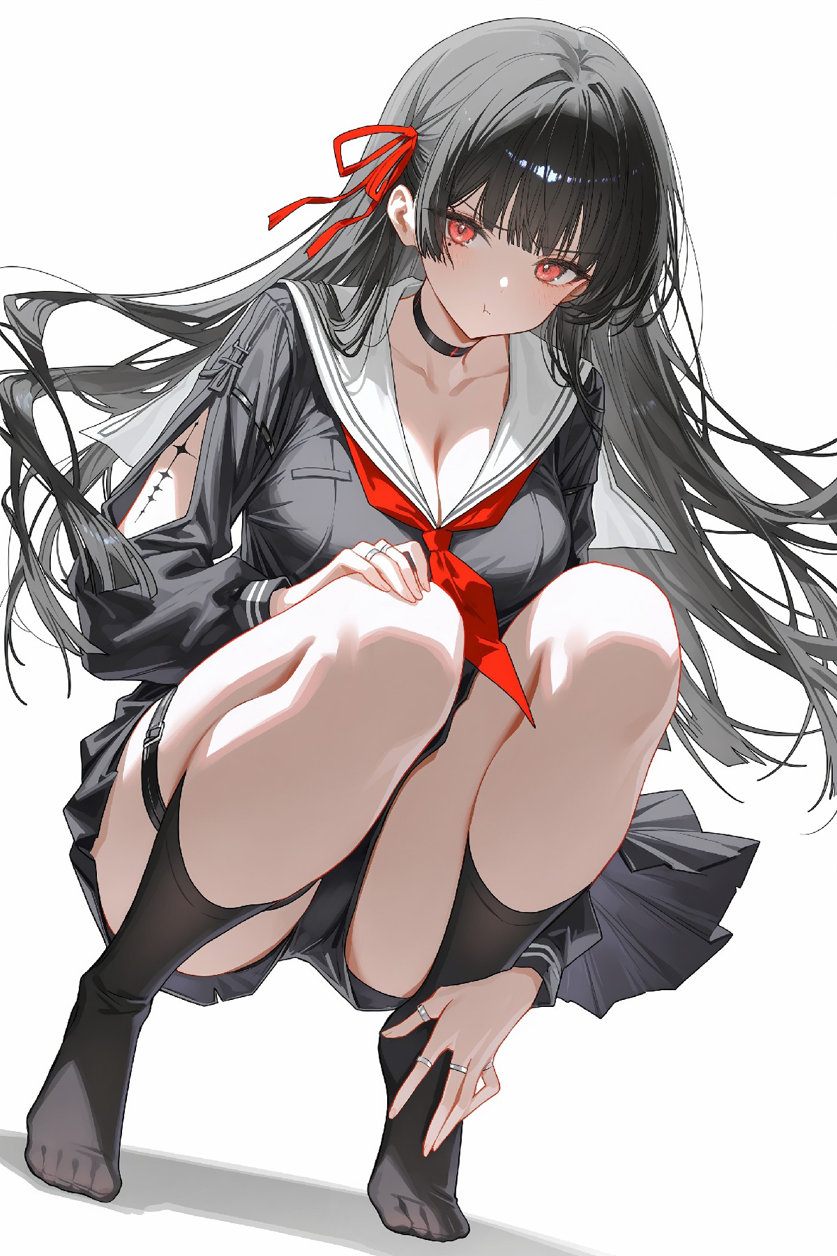 黑长直水手服少女，红丝带点缀超吸睛