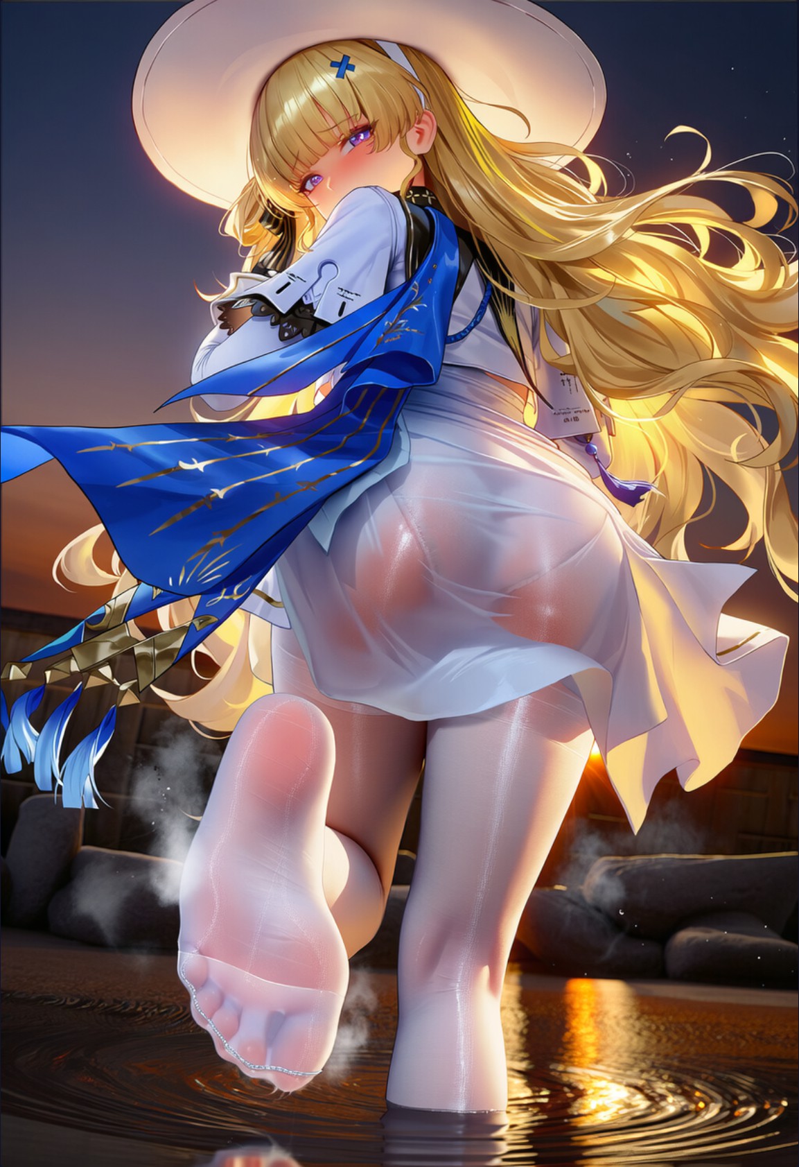 鎏金发丝随风舞,薄衫沾湿柔态尽显