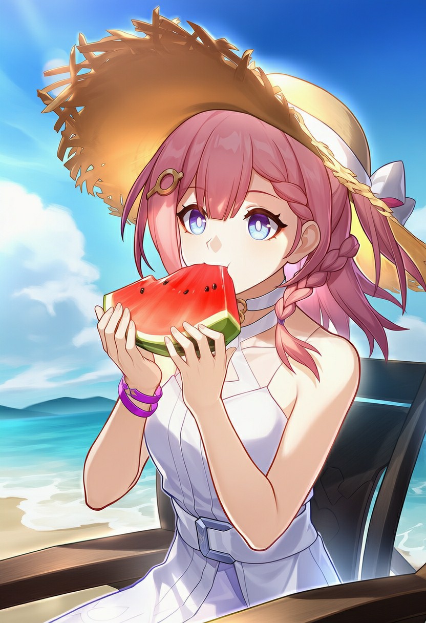 夏日海边的甜美西瓜少女