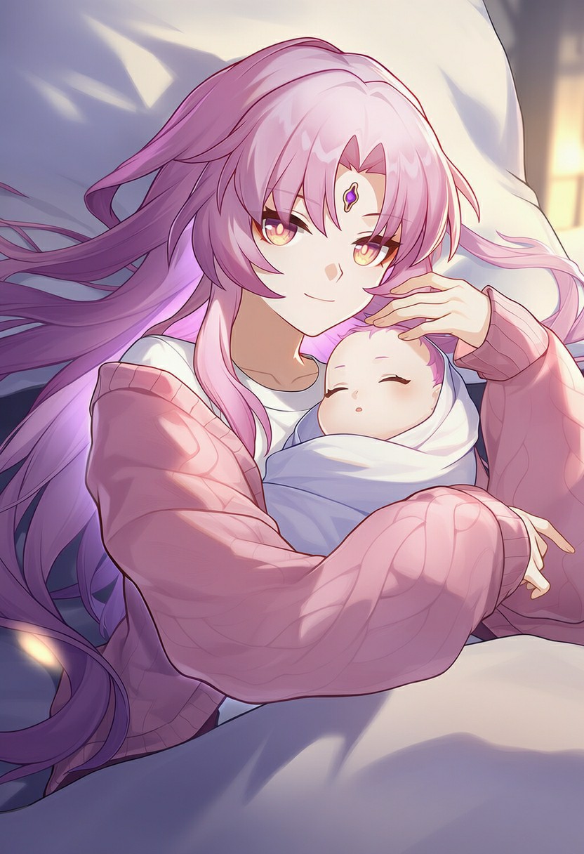 粉发少女与萌宝的温柔时光